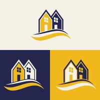 real estate logo design featuring blue and yellow colors with silhouette buildings in the background vector