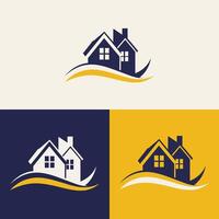 real estate logo design featuring blue and yellow colors with silhouette buildings in the background vector