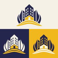 real estate logo design featuring blue and yellow colors with silhouette buildings in the background vector