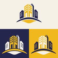 real estate logo design featuring blue and yellow colors with silhouette buildings in the background vector