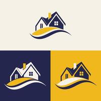 real estate logo design featuring blue and yellow colors with silhouette buildings in the background vector