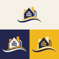 real estate logo design featuring blue and yellow colors with silhouette buildings in the background vector