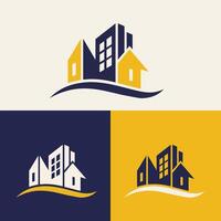 real inmuebles logo diseño presentando azul y amarillo colores con silueta edificios en el antecedentes vector