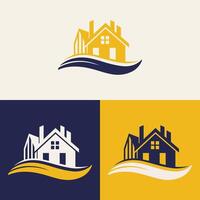 real estate logo design featuring blue and yellow colors with silhouette buildings in the background vector