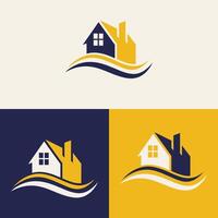 real estate logo design featuring blue and yellow colors with silhouette buildings in the background vector