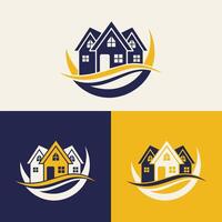 real estate logo design featuring blue and yellow colors with silhouette buildings in the background vector