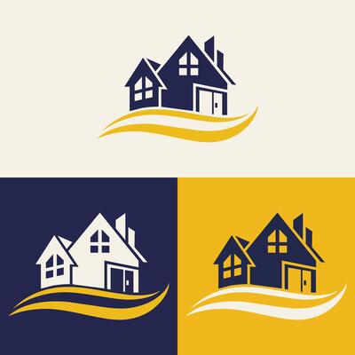real estate logo design featuring blue and yellow colors with silhouette buildings in the background