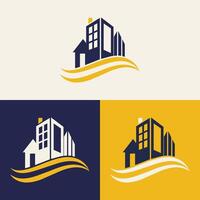 real estate logo design featuring blue and yellow colors with silhouette buildings in the background vector