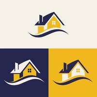 real estate logo design featuring blue and yellow colors with silhouette buildings in the background vector