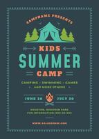 Kids summer camp poster or flyer event retro typography design template and forest lanscape and tent background vector