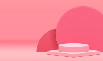 Pink 3d podium pedestal with round geometric wall background realistic illustration vector