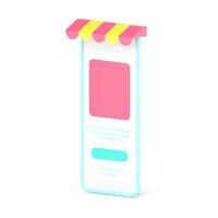 Web store in smartphone application 3d icon. Digital gadget with colored canopy and web menu vector