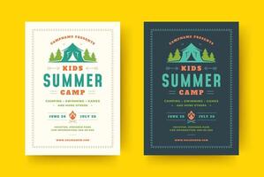 Kids summer camp poster or flyer event retro typography design template and forest lanscape and tent background vector