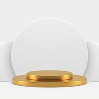 Cylinder golden 3d podium pedestal with white round wall background showcase realistic vector