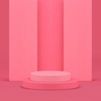 Pink 3d showroom cylinder stand with geometric wall background realistic illustration vector