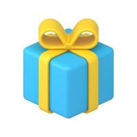 Wrapped blue gift box with yellow bow ribbon 3d isometric illustration present surprise vector