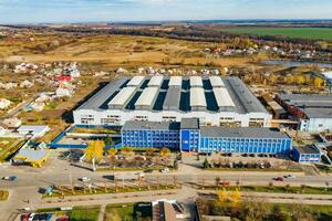 Commercial aerial view buildings. Business industrial factory storage. photo