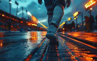 hombre caminando en mojado la carretera en el noche foto