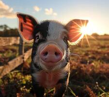 Piglet looks at the camera with the sun setting behind it photo