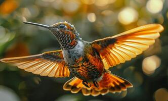 Beautiful rufous tailed hummingbird is flying with its wings spread wide photo