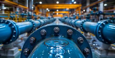 Blue pipelines in factory photo