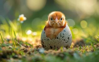 linda pequeño pollo eclosionado desde huevo en el jardín foto