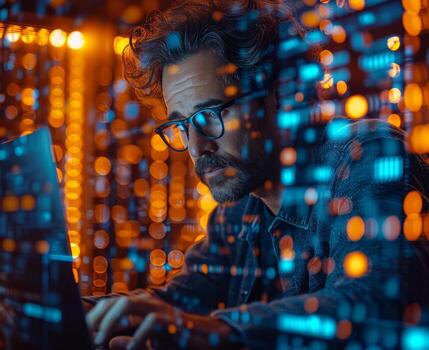 Man works on laptop with digital display in the background. photo