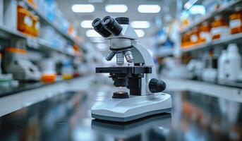 Microscope in the laboratory on the table photo