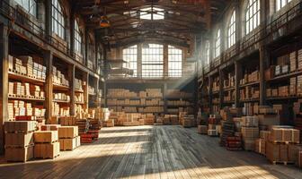 Large industrial warehouse or storage room with high shelves holding variety of boxes photo