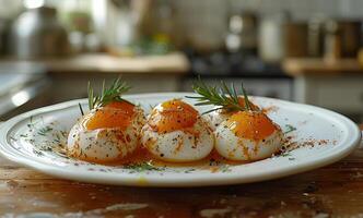 Three poached eggs on plate photo