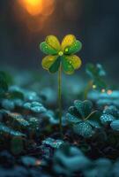 Single four-leaf clover grows in the forest at dawn. photo