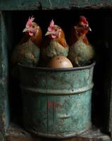 Three chickens and egg in bucket photo