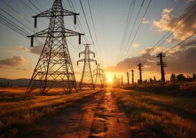 The high voltage towers and the road at sunset photo