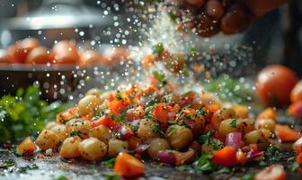 Person is sprinkling chopped vegetables with salt and pepper photo