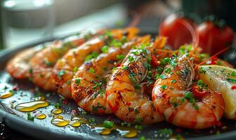 Grilled shrimps served with fresh lemon juice and herbs on plate photo