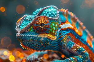 Colorful chameleon is sitting on branch. photo