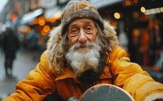 Old homeless man with beard sitting on the bench in rainy day photo