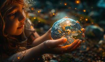 Little girl holds the Earth in her hands protecting it from the sun and the elements photo