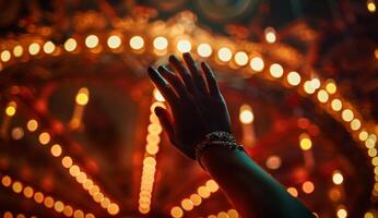 Woman hand with bracelet and watch on the background of illuminated ferris wheel photo