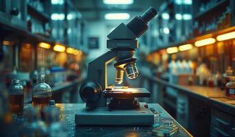 Scientific microscope and its test tubes in laboratory photo