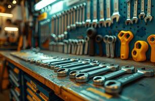 Wrenches and other tools on table in workshop photo