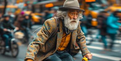 Old man with gray beard rides bicycle on crowded city street photo