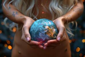 Woman holds globe in her hands photo