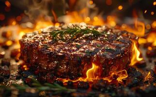 Beef steak on the grill with flames photo