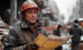 Construction worker reading newspaper photo