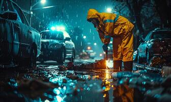 Forensic expert examining dead body on rainy night photo