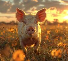 Pig grazing on meadow in organic meat farm - wide angle lens shot photo