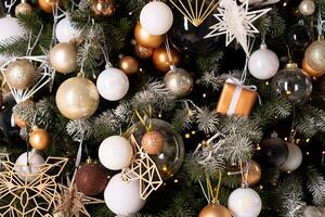 Christmas tree decoration close up background. Garland, balls, illuminated lights photo