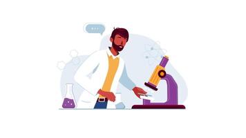 a man in a lab coat is looking at a microscope video