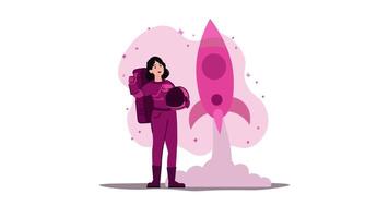 a woman in pink space suit holding a rocket video